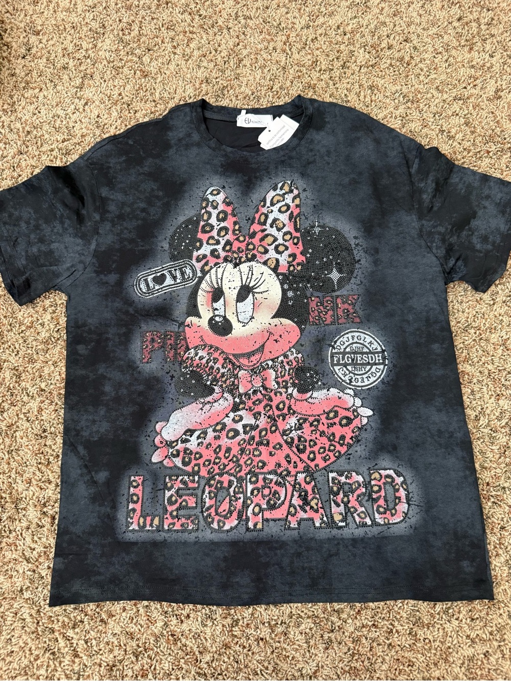 Black Graphic Minnie Mouse Leopard Print Tee - Adult size Large